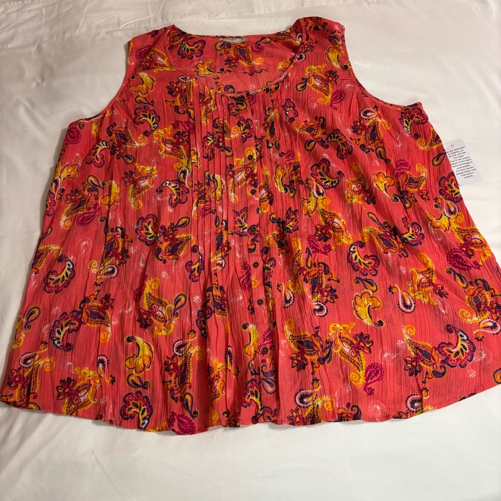 Woman Within Coral Pink Paisley Pleated Tank size 5X Cotton Lightweight
